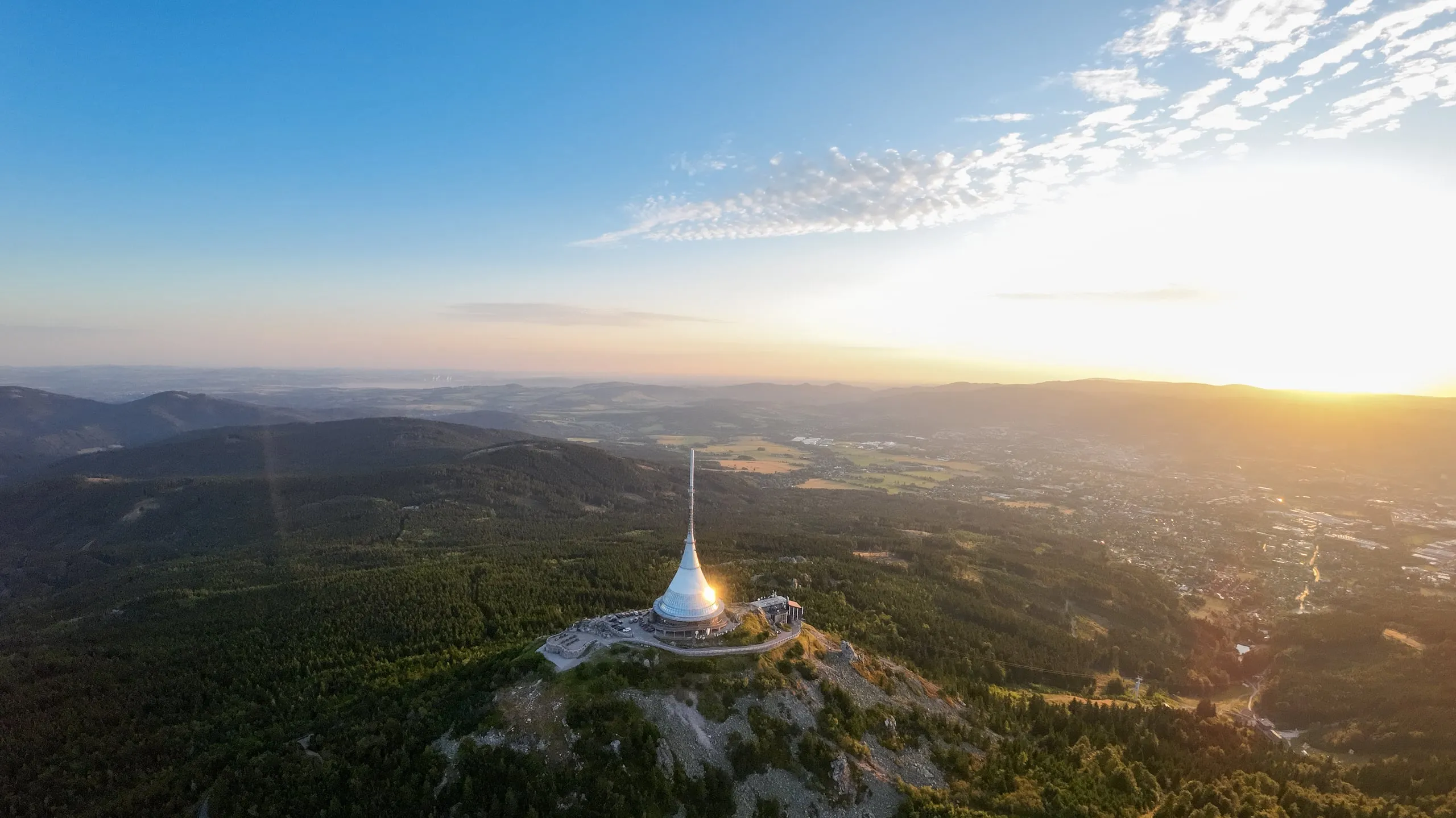 The Ještěd transmitter against the low sun