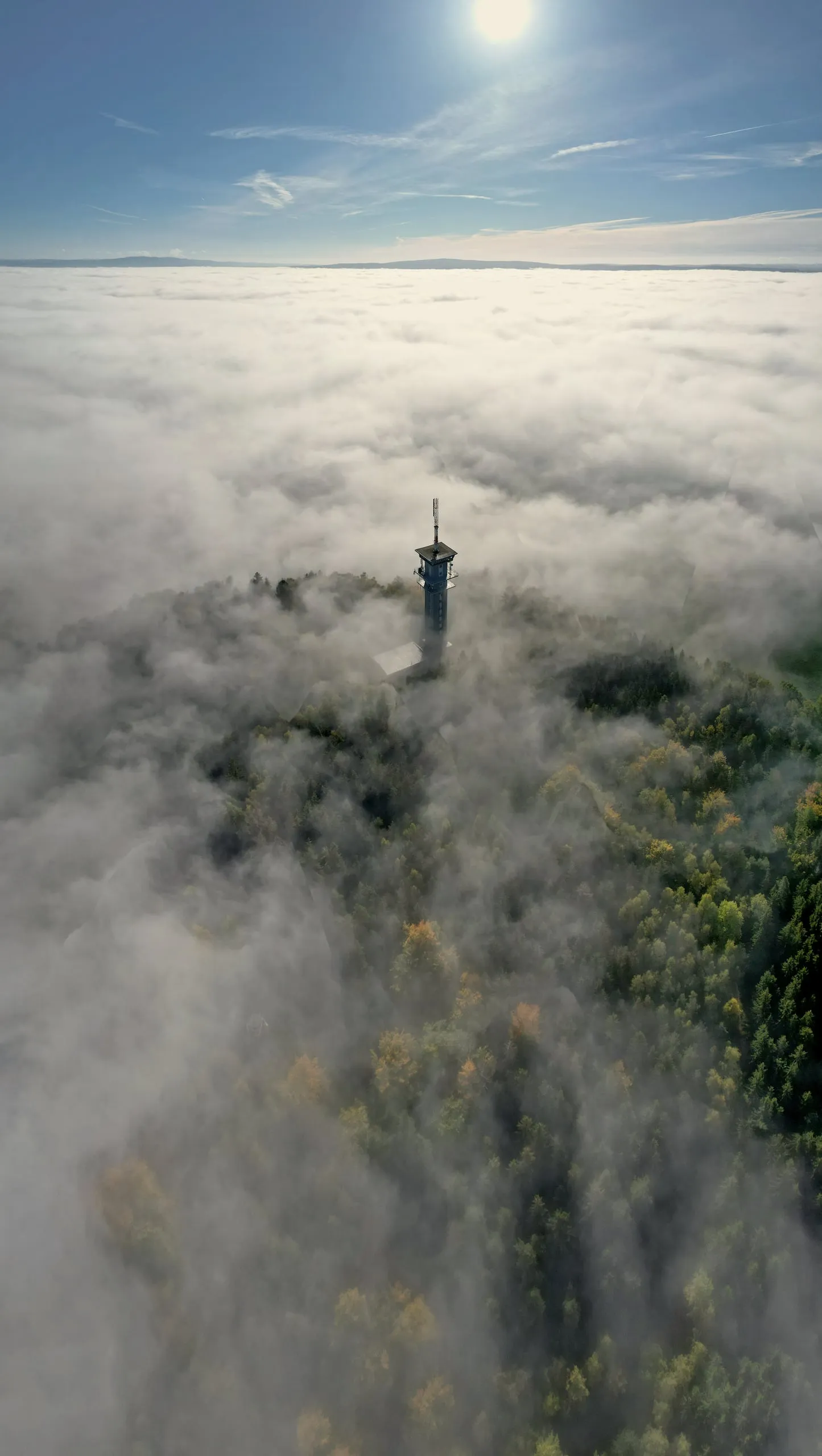 Věž vysílače na Zelené hoře se ztrácí v mlze nad lesem