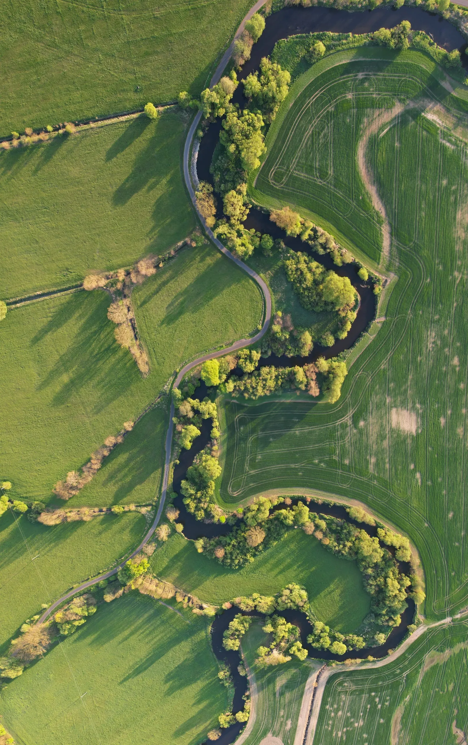 Meanders of the river Ohře in the green meadows of May, from straight above