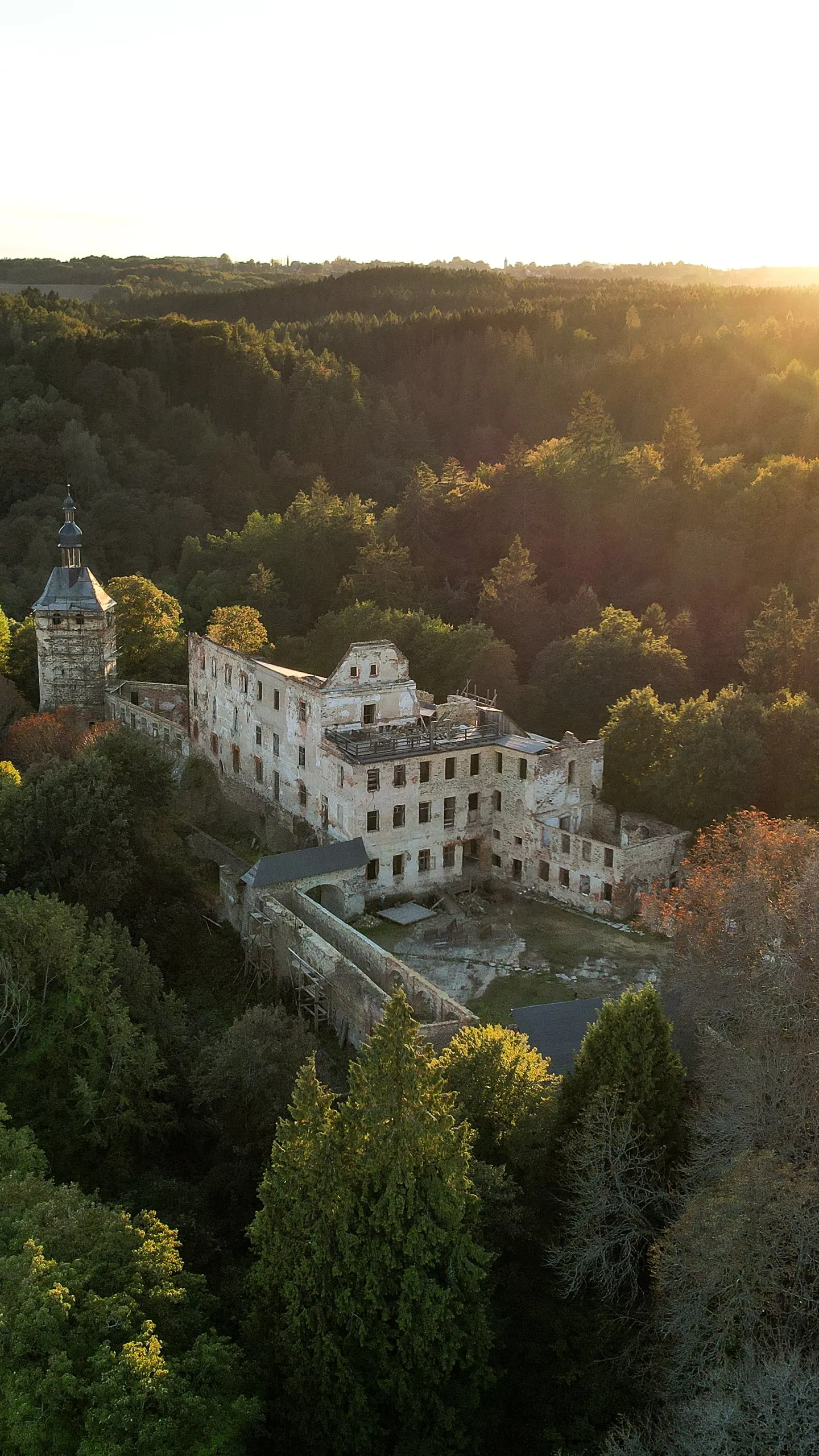 The ruins of Hartenberg Castle with a tower in the forest, the sun just above the horizon