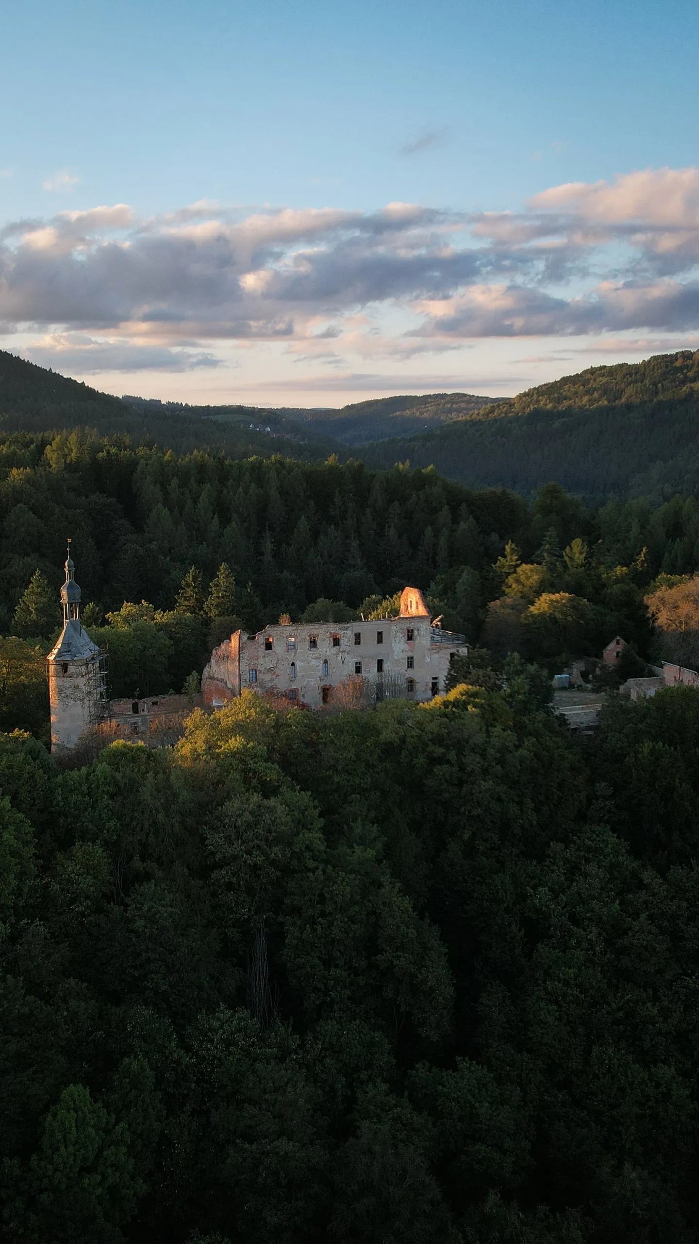 The ruins of Hartenberg Castle above dark forest, wooded hills in the background