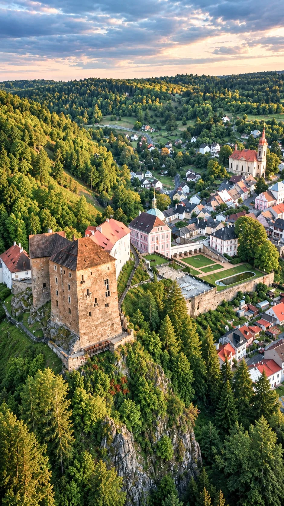 The castle of Bečov nad Teplou on a rock spur above the small town in early evening sun